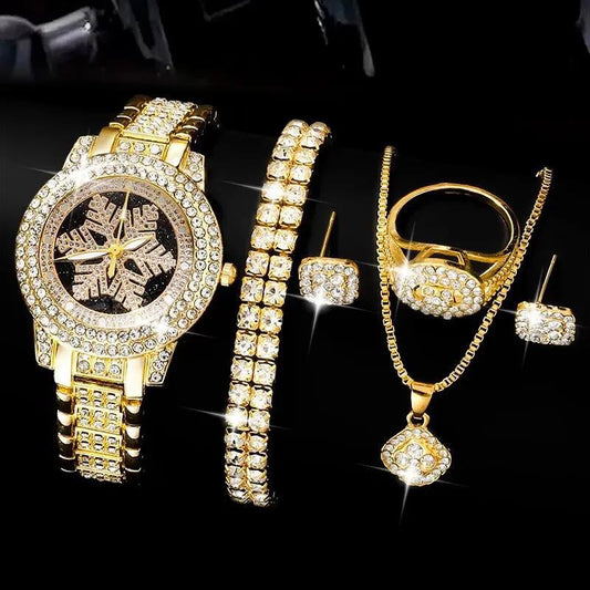 Snowflake Pattern Watch Luxury Full Rhinestone Jewelry Five-piece Set - Zentrova Snowflake Pattern Watch Luxury Full Rhinestone Jewelry Five-piece Set - Zentrova