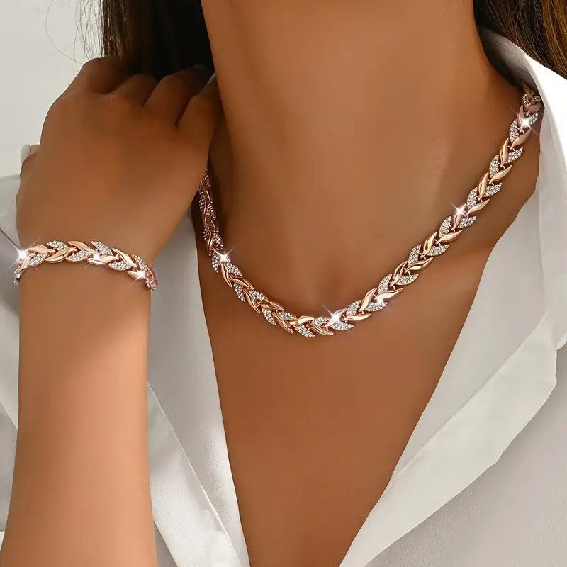 2PCS Glass Leaf Necklace Set Elegant Rhinestone Chain Necklace Bracelet For Women Fashion Luxury Jewelry Set - Zentrova 2PCS Glass Leaf Necklace Set Elegant Rhinestone Chain Necklace Bracelet For Women Fashion Luxury Jewelry Set - Zentrova