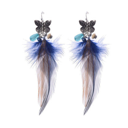 Bohemian Retro Mori Style Butterfly Shape Feather Long Earrings - Zentrova