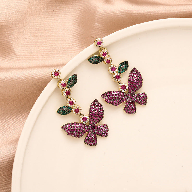 Personality Super Fairy Butterfly Earrings Micro-inlaid Zircon Leaf Flower Long Tassel Earrings Temperament Goddess - Zentrova