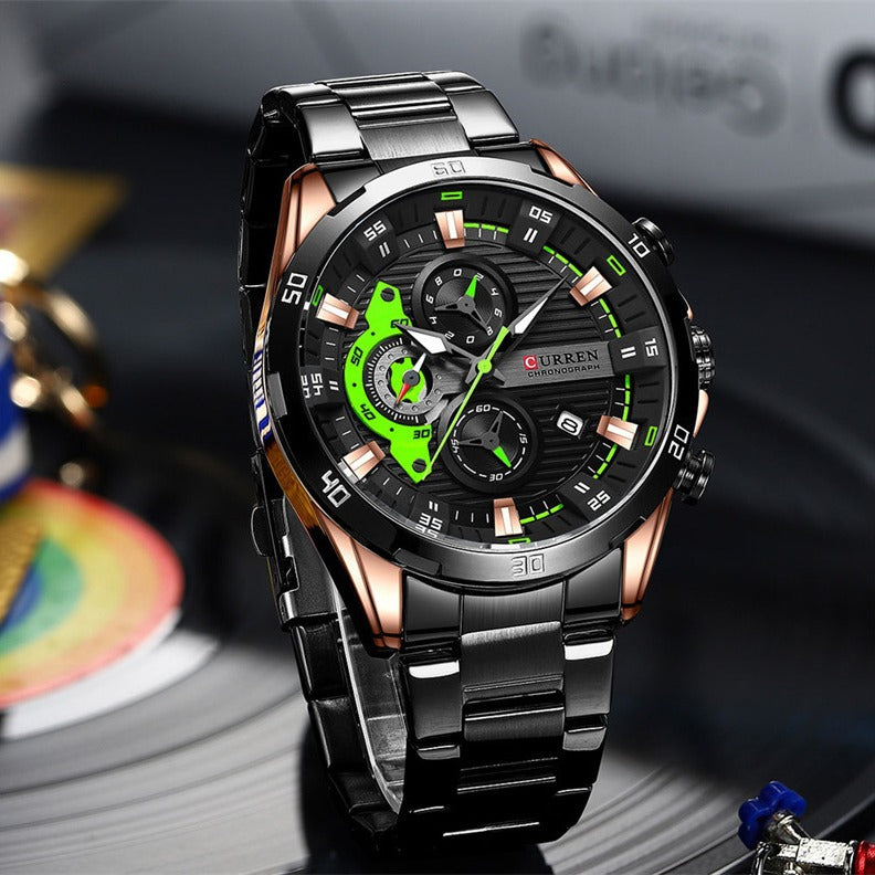 Mens Six-Hand Steel-Strap Motorcycle Watch - Zentrova