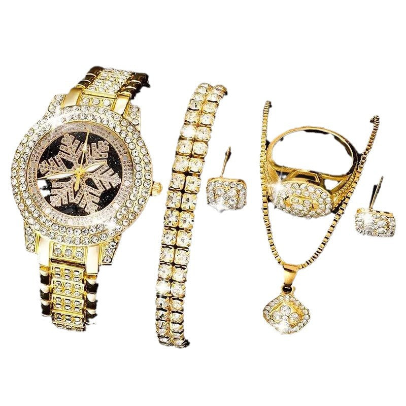 Snowflake Pattern Watch Luxury Full Rhinestone Jewelry Five-piece Set - Zentrova