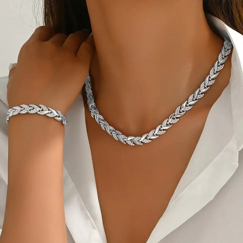 2PCS Glass Leaf Necklace Set Elegant Rhinestone Chain Necklace Bracelet For Women Fashion Luxury Jewelry Set - Zentrova