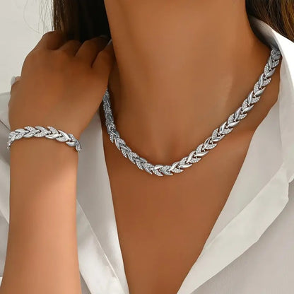 2PCS Glass Leaf Necklace Set Elegant Rhinestone Chain Necklace Bracelet For Women Fashion Luxury Jewelry Set - Zentrova