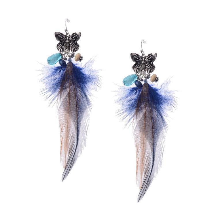 Bohemian Retro Mori Style Butterfly Shape Feather Long Earrings - Zentrova
