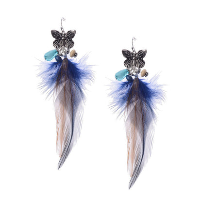 Bohemian Retro Mori Style Butterfly Shape Feather Long Earrings - Zentrova