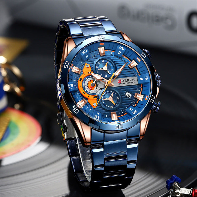 Mens Six-Hand Steel-Strap Motorcycle Watch - Zentrova
