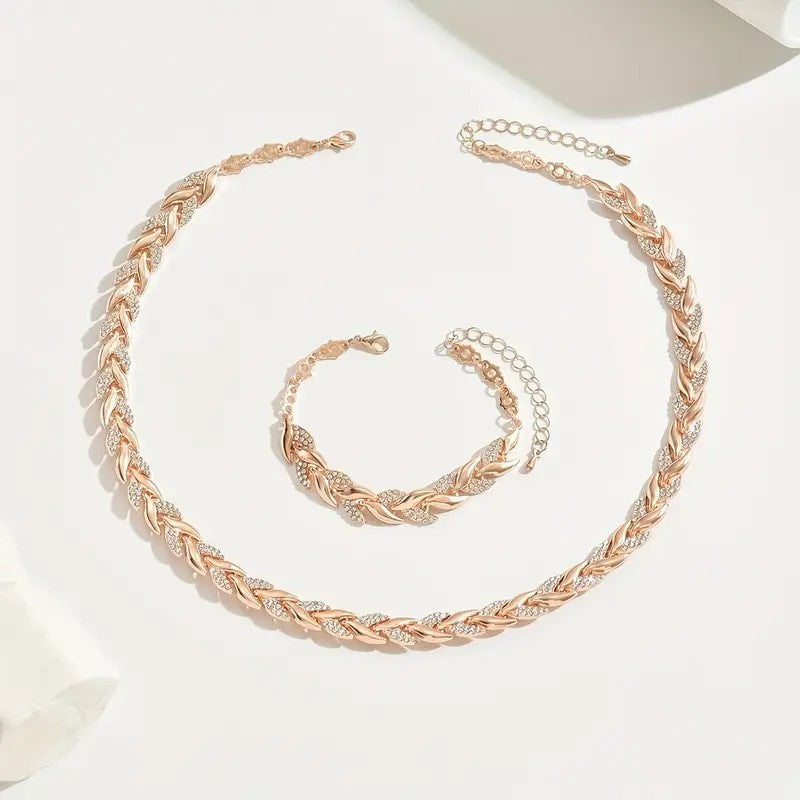 2PCS Glass Leaf Necklace Set Elegant Rhinestone Chain Necklace Bracelet For Women Fashion Luxury Jewelry Set - Zentrova