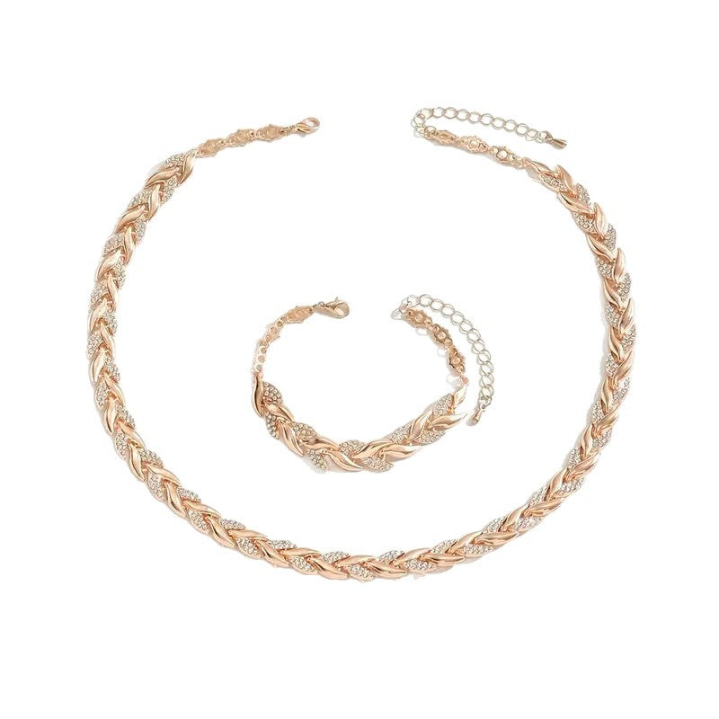 2PCS Glass Leaf Necklace Set Elegant Rhinestone Chain Necklace Bracelet For Women Fashion Luxury Jewelry Set - Zentrova