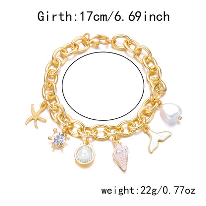Women's Fashion Starfish Pearl Shell Fishtail Multi-pendant Necklace Bracelet - Zentrova