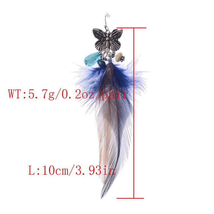 Bohemian Retro Mori Style Butterfly Shape Feather Long Earrings - Zentrova