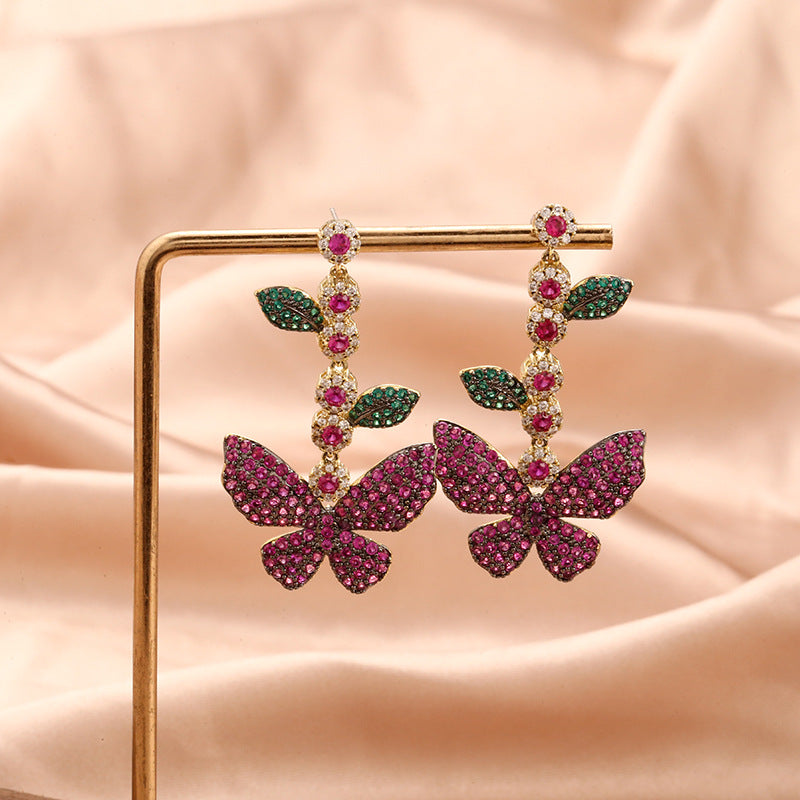 Personality Super Fairy Butterfly Earrings Micro-inlaid Zircon Leaf Flower Long Tassel Earrings Temperament Goddess - Zentrova