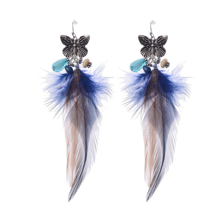 Bohemian Retro Mori Style Butterfly Shape Feather Long Earrings - Zentrova