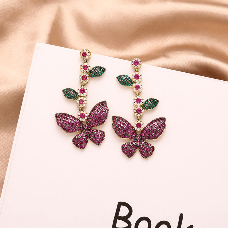Personality Super Fairy Butterfly Earrings Micro-inlaid Zircon Leaf Flower Long Tassel Earrings Temperament Goddess - Zentrova
