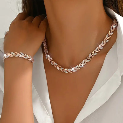 2PCS Glass Leaf Necklace Set Elegant Rhinestone Chain Necklace Bracelet For Women Fashion Luxury Jewelry Set - Zentrova