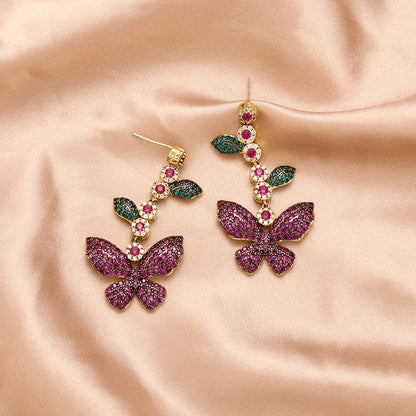 Personality Super Fairy Butterfly Earrings Micro-inlaid Zircon Leaf Flower Long Tassel Earrings Temperament Goddess - Zentrova