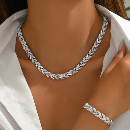 2PCS Glass Leaf Necklace Set Elegant Rhinestone Chain Necklace Bracelet For Women Fashion Luxury Jewelry Set - Zentrova